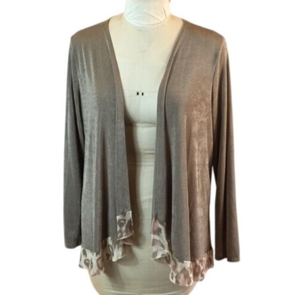Cardigan Open Front Leopard Print Trim Large